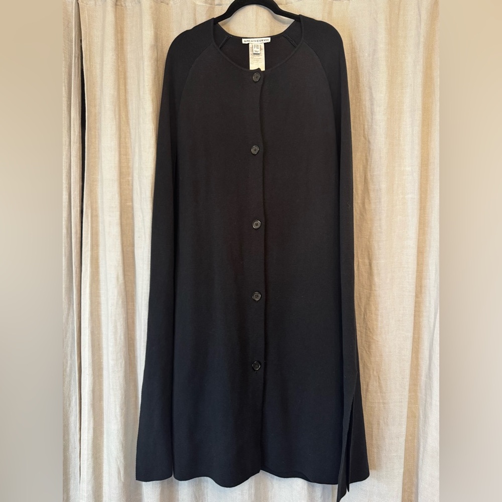 Girl With Curves Button Front Cardigan Cape - Black - XS/S